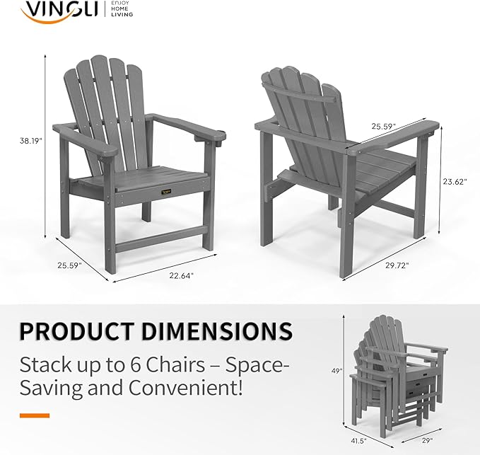 VINGLI Plastic Folding Adirondack Chair with Cup Holder, 100% Recyclable HDPE Material, Comfortable 380lb Weight Capacity for Outdoor Pool Patio Lounge Chair Lawn Furniture Fire Pit, 1 Pack,Gray