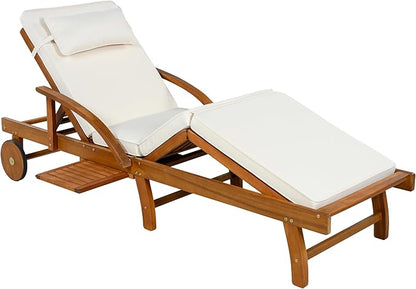 LUMISOL 77.5” Acacia Wood Chaise Lounge Chair, Patio Outdoor Chaise Lounge with Cushions, Adjustable Backrest, Leg Rest, Headrest, Retractable Side Tray for Patio, Pool, Garden, Beige