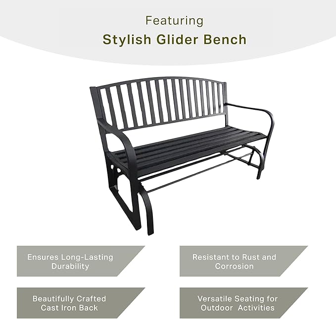 Four Seasons Courtyard Outdoor Patio Bench Glider Backyard Garden, Front Porch, or Walking Path Furniture Seat with Powder Coated Steel Frame, Black