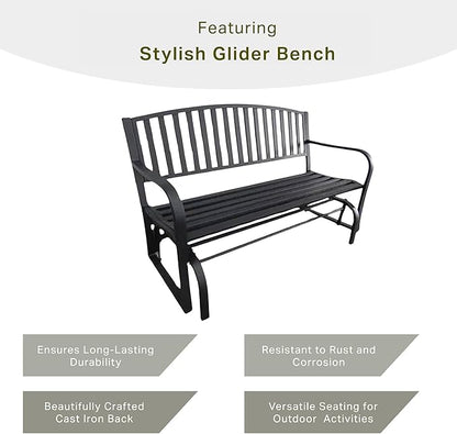 Four Seasons Courtyard Outdoor Patio Bench Glider Backyard Garden, Front Porch, or Walking Path Furniture Seat with Powder Coated Steel Frame, Black