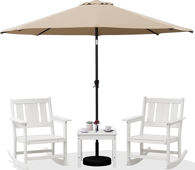 SERWALL Outdoor Rocking Chairs Set of 2 with 1 Side Table & 9ft Patio Umbrella - Photo 1