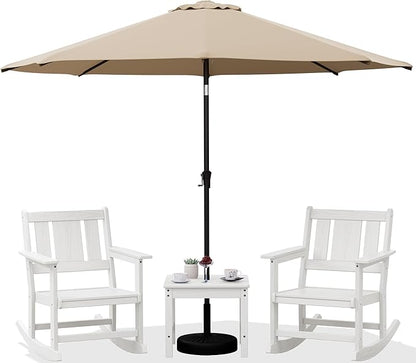 SERWALL Outdoor Rocking Chairs Set of 2 with 1 Side Table & 9ft Patio Umbrella, All-Weather HDPE 3 Piece Patio Furniture Set, Patio Bistro Set with Umbrella Hole for Porch Deck Lawn Balcony, White