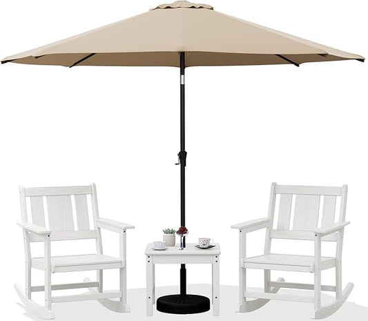 SERWALL Outdoor Rocking Chairs Set of 2 with 1 Side Table & 9ft Patio Umbrella, All-Weather HDPE 3 Piece Patio Furniture Set, Patio Bistro Set with Umbrella Hole for Porch Deck Lawn Balcony, White