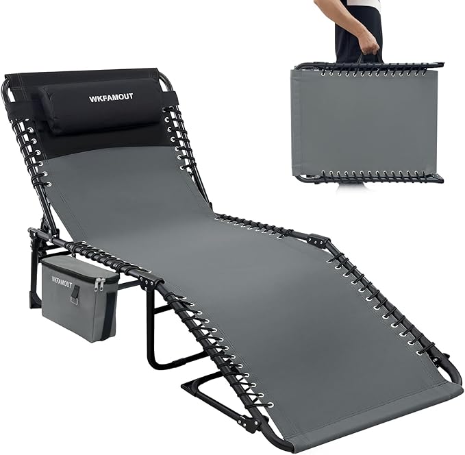 Folding Lounge Chair Outdoor with Insulated Cooler Bag Portable for Outside Patio Chaise Lounge Chair 5-Position with - Photo 1