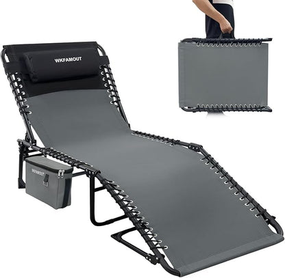 Folding Lounge Chair Outdoor with Insulated Cooler Bag Portable for Outside Patio Chaise Lounge Chair 5-Position with Pillow for Beach Sunbathing Pool Camping Lawn
