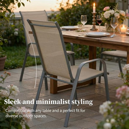 MAMIZO Patio Dining Chairs, Stackable All Weather Teslin Chair, Heavy Duty Outdoor Breathable Chairs Set, w/Armrests, Upgraded Chair FeetW/Strenthened Iron Spacers, 330 LBS (6, Brown)