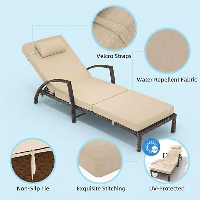 GarveeLife Outdoor Wicker Chaise Lounge Chair with Cushion, Metal Frame Patio Reclining Lounge Bed - Photo 4