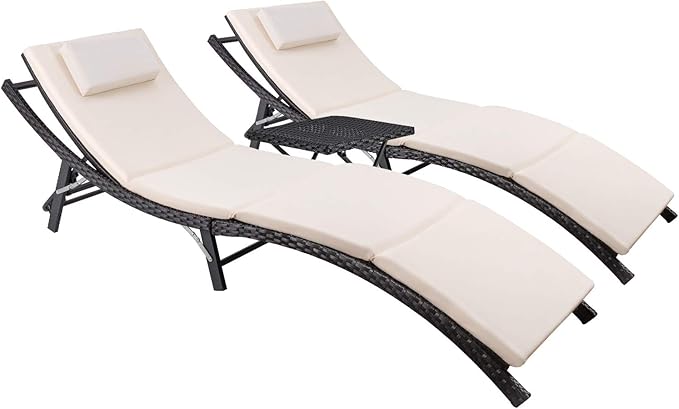 Devoko Patio Chaise Lounge Sets Outdoor Rattan Adjustable Back 3 Pieces Cushioned Patio Folding Chaise Lounge with - Photo 1