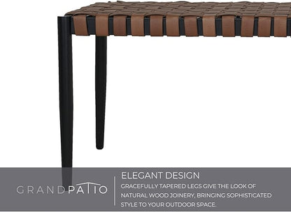 Grand patio Bench, 2-Seat Leather-Look Wicker Bench with Tapered Legs, Outdoor Bench for Small Front Porch Entryway