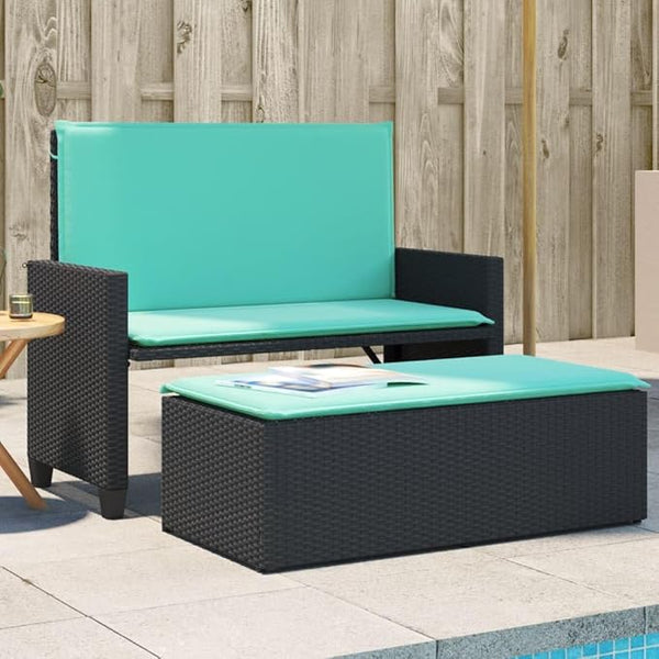 Garden Bench Deck Bench Patio Bench with Cushions and Footstool Black Poly Rattan - Photo 1