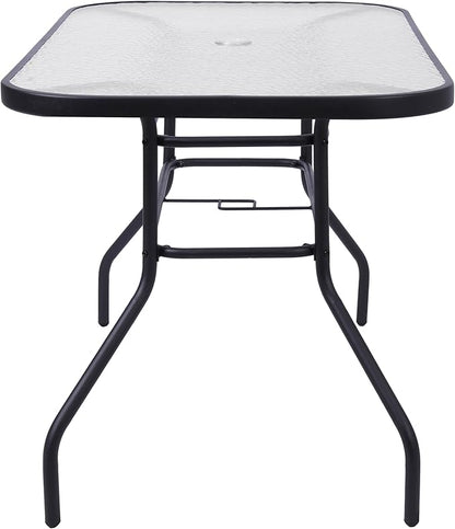 Flash Furniture Tory Rectangle Patio Table with Umbrella Hole, Commercial All-Weather Table with Heat Resistant Tempered Glass, Steel Tube Frame, 27.5x47.25, Black