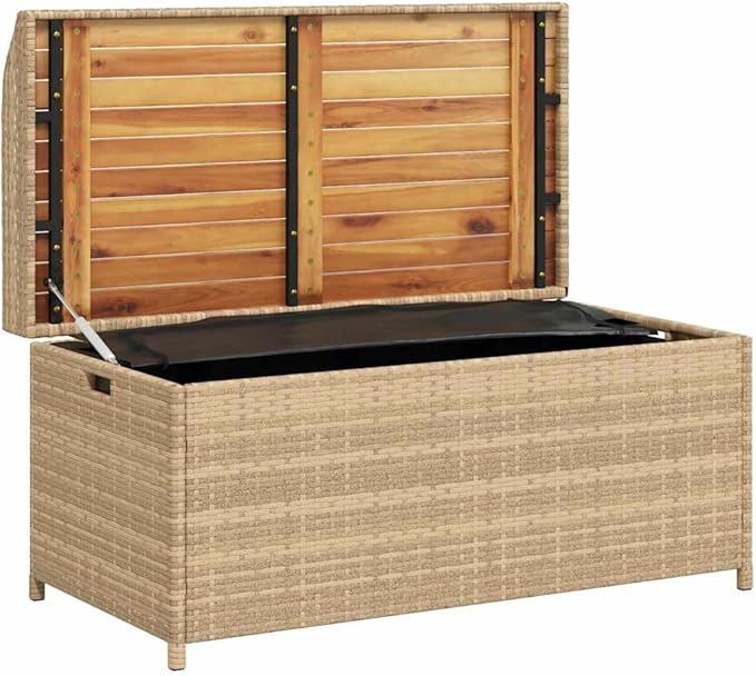 Outdoor Storage Bench with Waterproof Bag, Mix Beige and Brown, Solid Acacia Wood and Poly Rattan, Durable Patio Furniture for Garden, Patio, Balcony