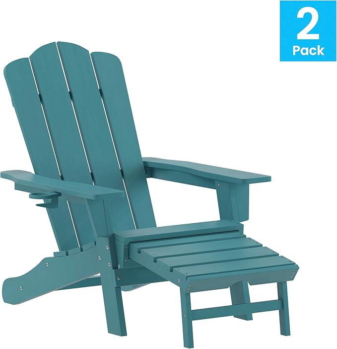 Flash Furniture Newport Adirondack Cup Holder and Pull Out Ottoman, All-Weather HDPE Indoor/Outdoor Lounge Chair, Set of 2, Blue