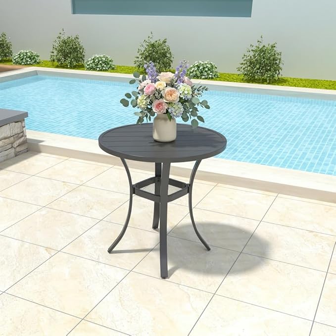 27.5 Inch Round Outdoor Metal Table for 2, Patio Bistro Table with Curved Legs, All Weather Slatted Table for Lawn, Garden, Balcony, Deck, Black
