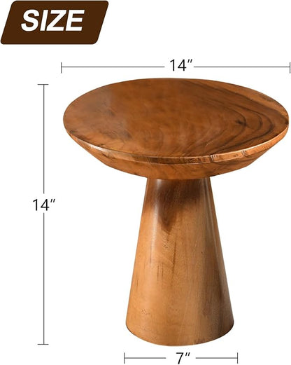 Mushroom Side Table, Teak Stool, Natural Plant Stand, 14" Tall Wood Round Coffee Table for Living Room, Bedroom, Garden, Yard