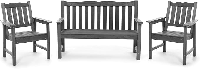Stoog All-Weather Outdoor Bench & Chairs Set, 3-Piece Patio Furniture Set, Include 1 Garden Bench and 2 Garden Chairs, Never Rot or Fade, Grey