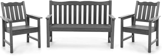 Stoog All-Weather Outdoor Bench & Chairs Set, 3-Piece Patio Furniture Set, Include 1 Garden Bench and 2 Garden Chairs, Never Rot or Fade, Grey