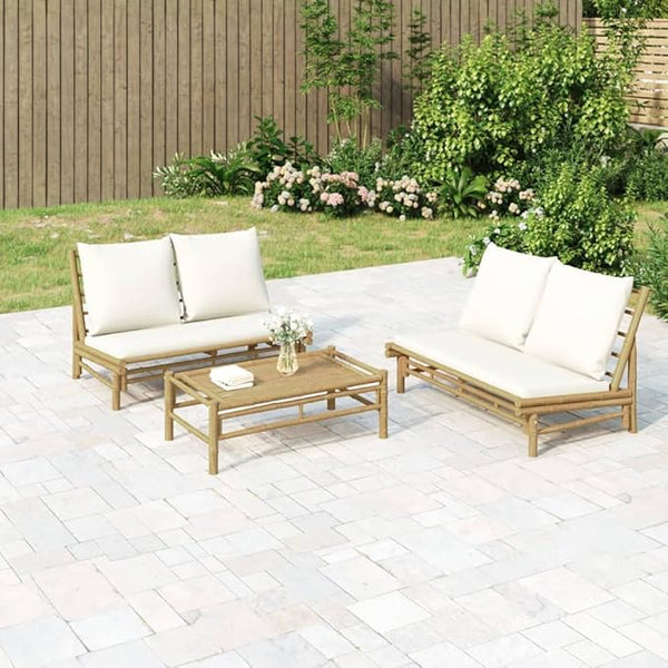Natural Bamboo Garden Loveseat 33.7 x 45.3 in Cream White Cushioned Outdoor Sofa for Patio Balcony Backyard Seating up - Photo 1