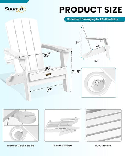 Folding Adirondack Chair 6 Pack, HDPE All-Weather Fire Pit Chairs, Plastic Adirondack Chairs with 2 Cup Holder, Outdoor Lawn Chair for Patio Garden (White)