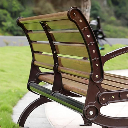 LITFAD Outdoor Bench Modern Park Bench with Corrosion Resistant Metal Frame, Dark Brown Wooden Seating with Backrest, Garden Bench for Patio, Lawn, Yard, Porch - Type G, 59" L x 23.5" W x 31" H