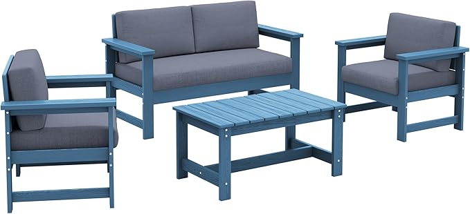 SERWALL 4 Pieces HDPE Outdoor Sofa Set with Cushion, All Weather Use Conversation Couch Set - Photo 9
