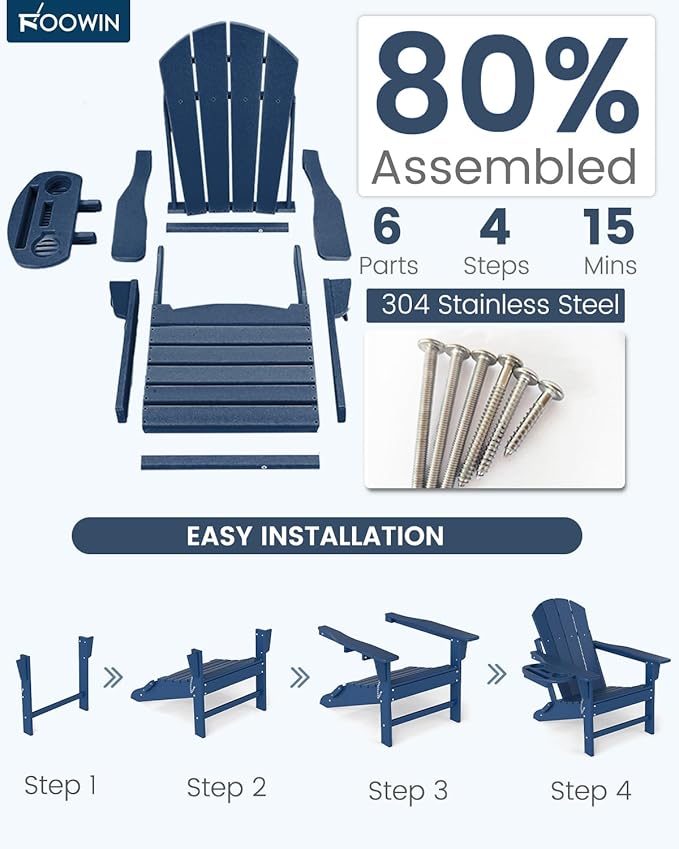FOOWIN Folding Adirondack Chair Set of 2, HDPE Adirondack Chairs with Cup Holder - Photo 7