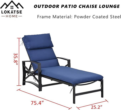 LOKATSE Home Outdoor Adjustable Chaise Patio Steel Furniture Metal Lounge Chair with Cushion