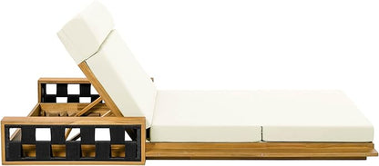 Merax Acacia Wood Patio Chaise Lounge Set of 2, Outdoor Reclining Chairs with 4-Position Adjustable Backrest, 2-Piece Sunbathing Recliner & 4" Thick Four-fold Cushion for Poolside, Garden, Beige