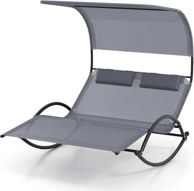 HAPPYGRILL Outdoor Chaise Lounge Rocker, 2-Person Rocking Daybed Sun Lounger with Sun Shade Canopy & Headrest Pillows, Hammock Bed Loveseat with Heavy-Duty Metal Frame for Patio, Backyard, Poolside