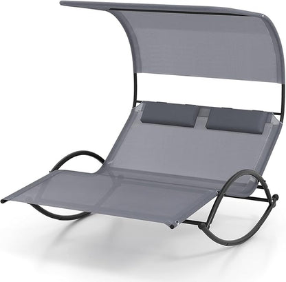 HAPPYGRILL Outdoor Chaise Lounge Rocker, 2-Person Rocking Daybed Sun Lounger with Sun Shade Canopy & Headrest Pillows, Hammock Bed Loveseat with Heavy-Duty Metal Frame for Patio, Backyard, Poolside