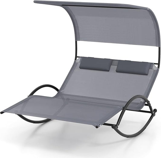HAPPYGRILL Outdoor Chaise Lounge Rocker, 2-Person Rocking Daybed Sun Lounger with Sun Shade Canopy & Headrest Pillows, Hammock Bed Loveseat with Heavy-Duty Metal Frame for Patio, Backyard, Poolside