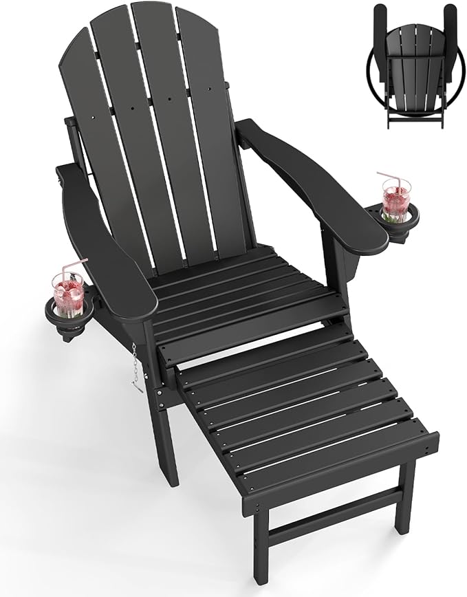 BRIOPAWS Adirondack-Chair-with-Pull-Out-Footrest | Folding | HDPE Plastic | Fire Pit Chairs | All Weather | Cup Holders | Curved Back | Retractable Ottoman | for Outdoor Deck Poolside | Black