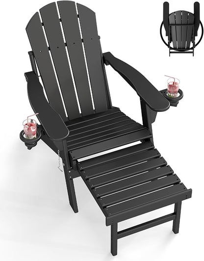 BRIOPAWS Adirondack-Chair-with-Pull-Out-Footrest | Folding | HDPE Plastic | Fire Pit Chairs | All Weather | Cup Holders | Curved Back | Retractable Ottoman | for Outdoor Deck Poolside | Black