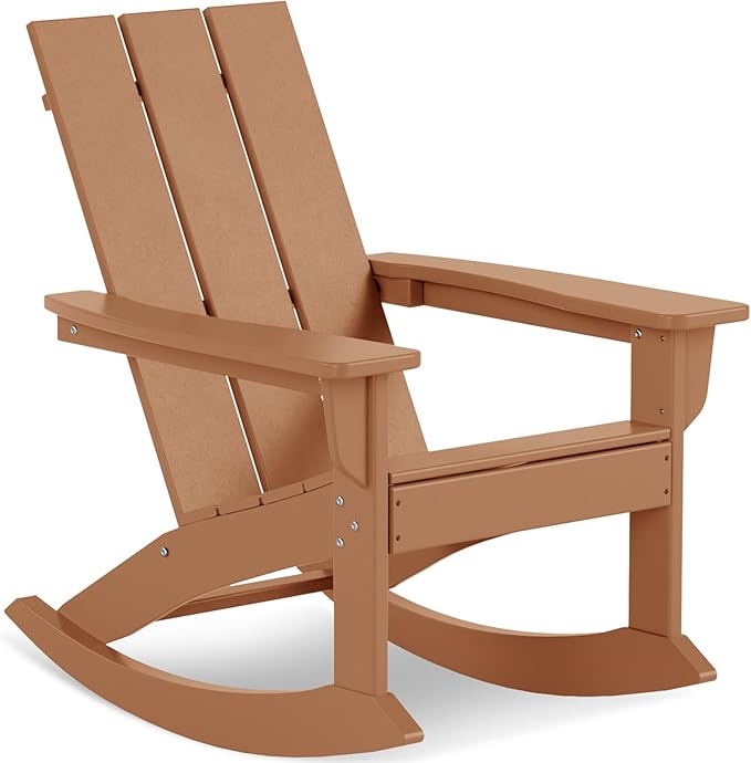 Costaelm Outdoor Adirondack Chair, All Weather Resistant Lawn Chairs Balcony Chair and Fire Pit Chairs, Patio Chair Outdoor Porch Rocking Chair High Back HDPE Poly Lumber, Teak