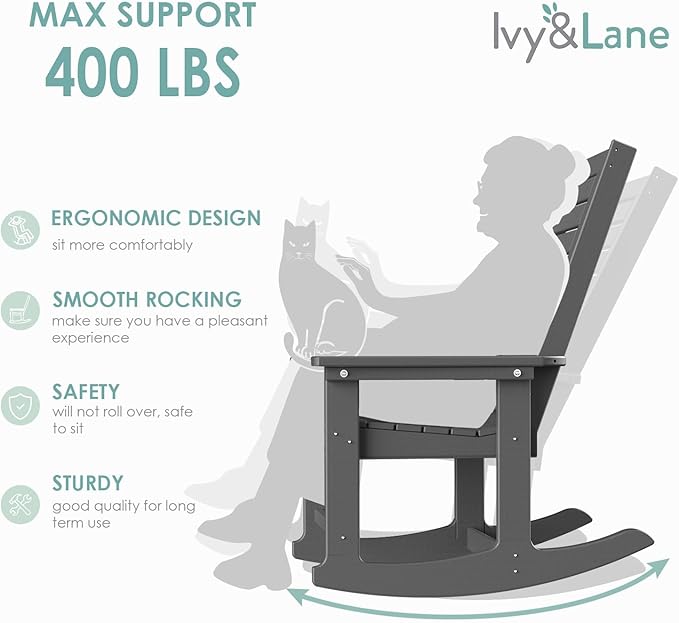 IVY&LANE Outdoor Rocking Chairs Set of 4 | Porch-Rockers | Grey | HDPE Plastic | All-Weather | High Back | Wide Seat | Oversized Patio Rocker for Adult | for Outside Deck Balcony Garden