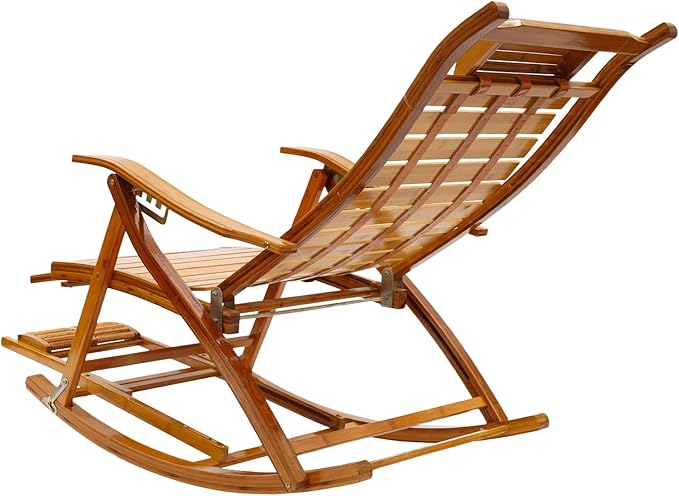 Folding Bamboo Rocking Chair, Adjustable Back Patio Reclining Chair with Headrest Pillow - Photo 7