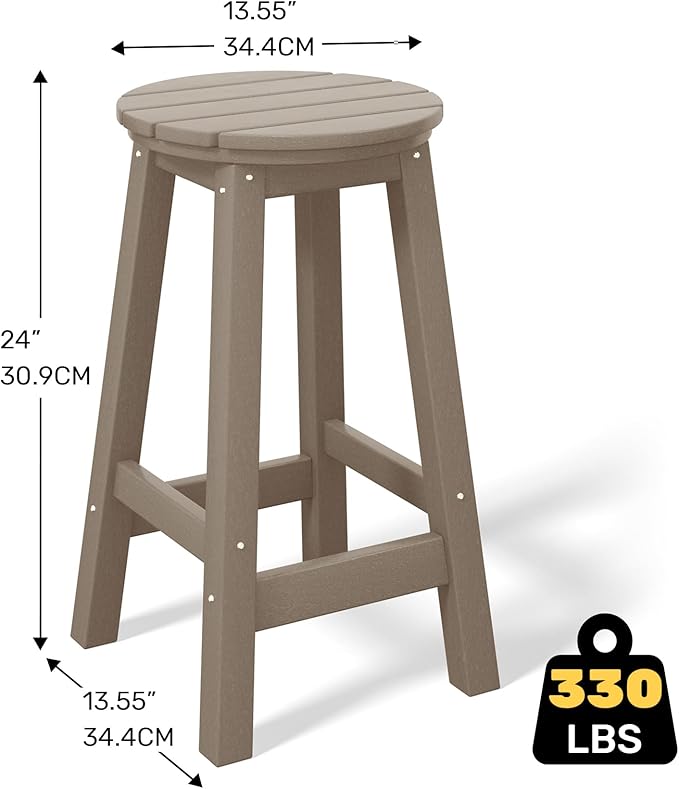 Costaelm 24" Height Outdoor Bar Stools, All-Weather Bar Stools, Adirondack Poly Patio Round Bar Stool for Patio, Deck, Kitchen Counter and Garden, Weathered Wood