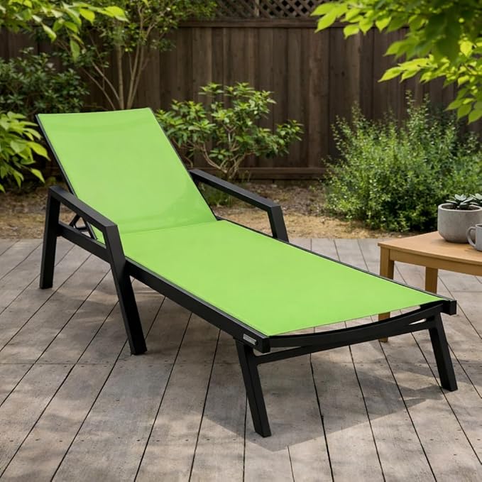 LeisureMod Marlin Patio Chaise Lounge Chair, Adjustable Outdoor Black Aluminum Lounge with Breathable Mesh Sling Back, Lightweight Poolside Reclining Sun Lounger Weather & UV Resistant (Green)