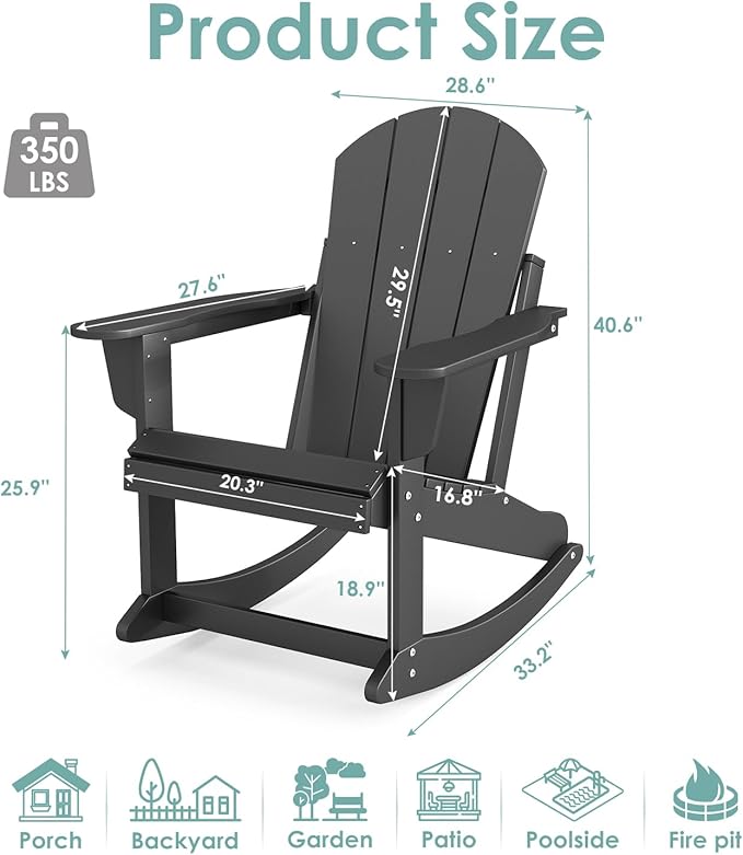 IVY&LANE Adirondack Rocking Chair | Porch-Rocker | HDPE Plastic | Weatherproof | Black | for Outdoor Patio Deck Backyard