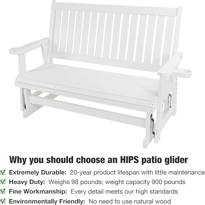 HIPS Patio Glider with Cup Holders, Durable Poly Lumber Material, All-Weather Resistant, High Backrest and Deep Contoured Seat, Heavy Duty 900 LB, for Outdoor, Porch, Patio (Ivory White, 3-Seat)