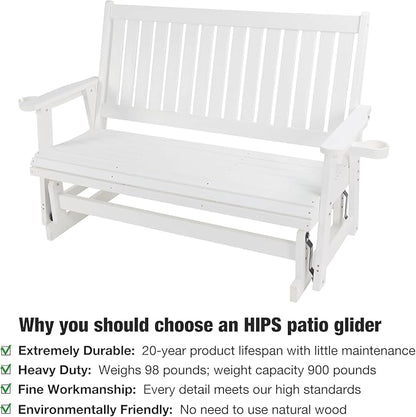 HIPS Patio Glider with Cup Holders, Durable Poly Lumber Material, All-Weather Resistant, High Backrest and Deep Contoured Seat, Heavy Duty 900 LB, for Outdoor, Porch, Patio (Ivory White, 3-Seat)