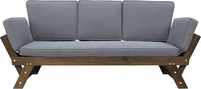 Merax Patio Sofa, Outdoor Adjustable Wooden Daybed, Chaise Lounge with Cushions, Gray