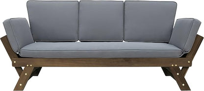 Merax Patio Sofa, Outdoor Adjustable Wooden Daybed, Chaise Lounge with Cushions, Gray
