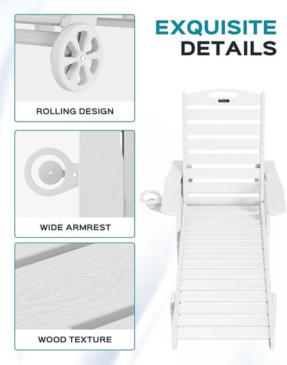Outdoor Lounge Chair Set of 4, All Weather Patio Chaise Lounge Chairs for Outside, HDPE Chair with Rolling Wheels & Cup Holder, 5 Position, Deck, Pool, White