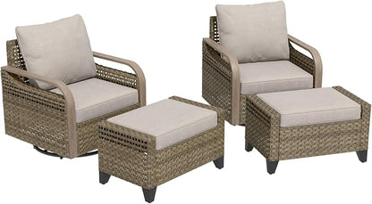 Modern Wicker Outdoor Swivel Rocking Chairs, Rattan Glider Rocker Patio Furniture for Backyard, Deck, Porch, Garden, 2 Chairs 2 Ottomans, Brown/Gray