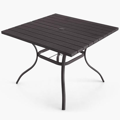 37" Patio Dining Table with Square Plastic Top, Metal Leg and Umbrella Hole for 4 Person Outdoor Furniture - Wood-Like Grain Brown
