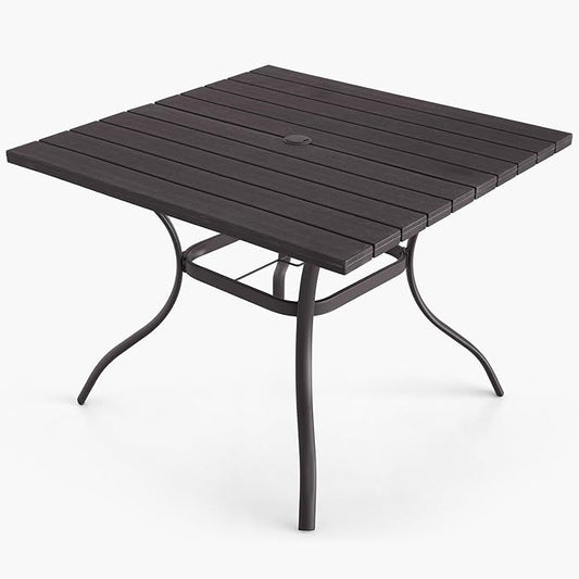 37" Patio Dining Table with Square Plastic Top, Metal Leg and Umbrella Hole for 4 Person Outdoor Furniture - Wood-Like Grain Brown