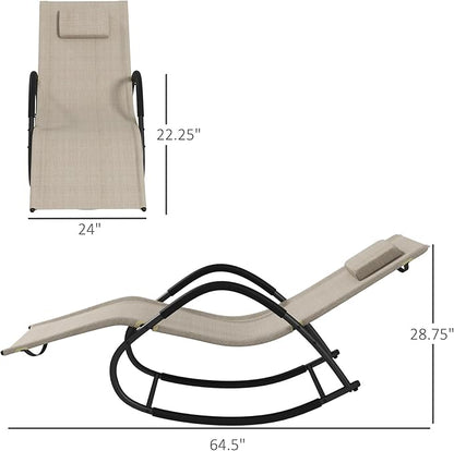 Outsunny Rocking Chair, Zero Gravity Patio Chaise Sun Lounger, Outdoor Rocker, UV Water Resistant, Pillow for Sunbathing, Lawn, Garden or Pool, Light Brown