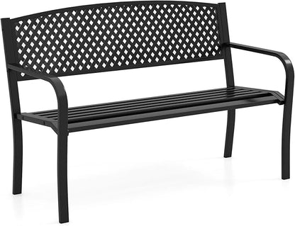 Tangkula Metal Outdoor Park Bench, 50 Inches Garden Bench with Patterned Backrest and Curved Armrests, 2-3-Person Patio Bench, Outside Heavy-Duty Metal Loveseat Chair for Porch, Lawn, Yard & Park