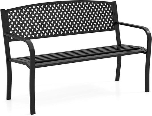 Tangkula Metal Outdoor Park Bench, 50 Inches Garden Bench with Patterned Backrest and Curved Armrests, 2-3-Person Patio Bench, Outside Heavy-Duty Metal Loveseat Chair for Porch, Lawn, Yard & Park